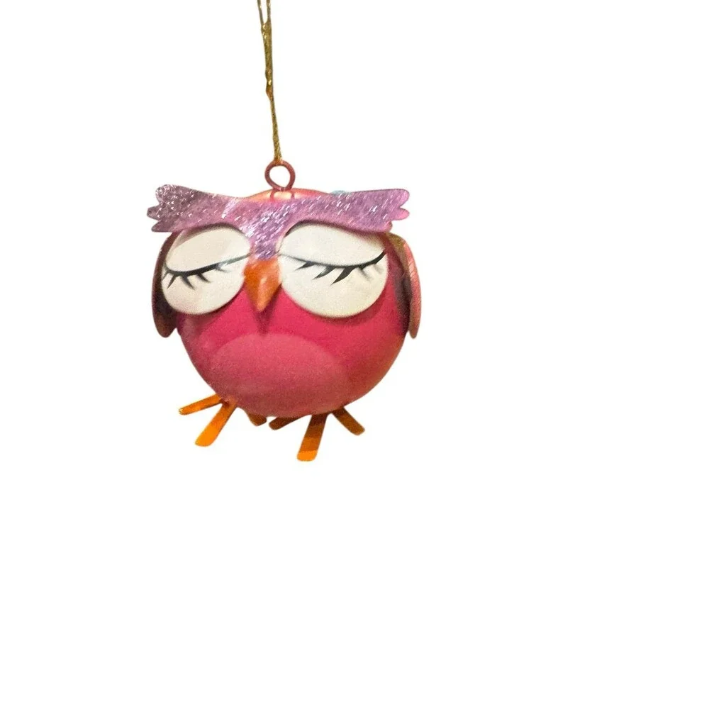 Cute metal pink owl dangly feet Christmas ornament bell